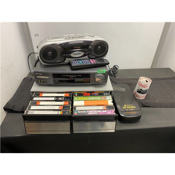 Citizen ghetto blaster Sharp brand VHS player, VHS rewinder and assortment of VHS tapes
