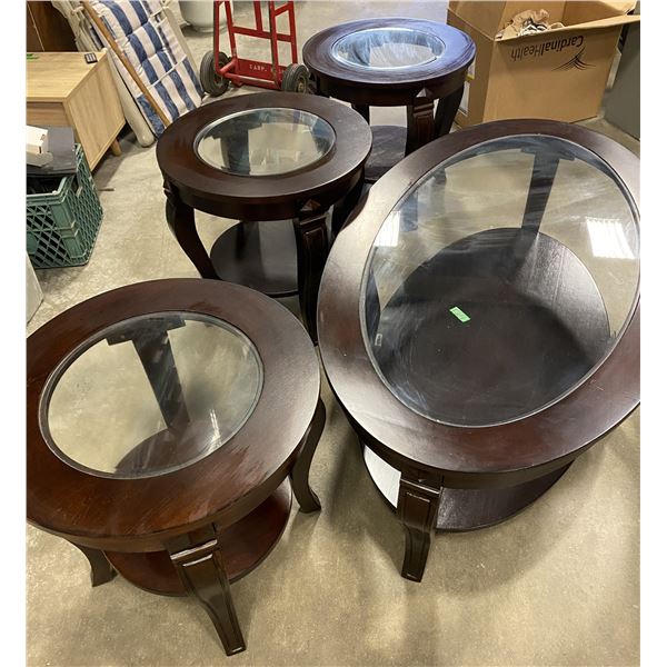 Set of 4, coffee table and 3 side tables, solid wood with glass tops