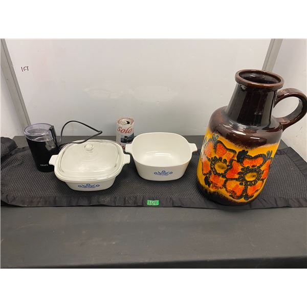 2 Corningware casserole dishes, coffee grinder and German  hand painted ceramic pitcher