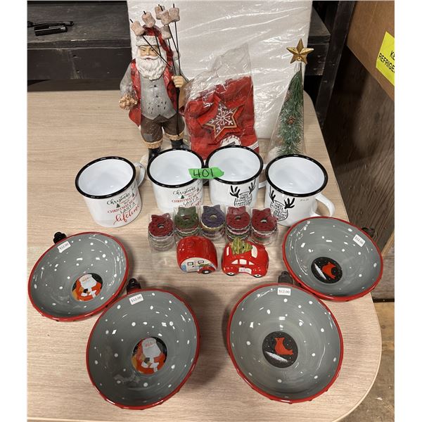 Lot of new assorted Christmas dishes & Décor items, including a wooden santa