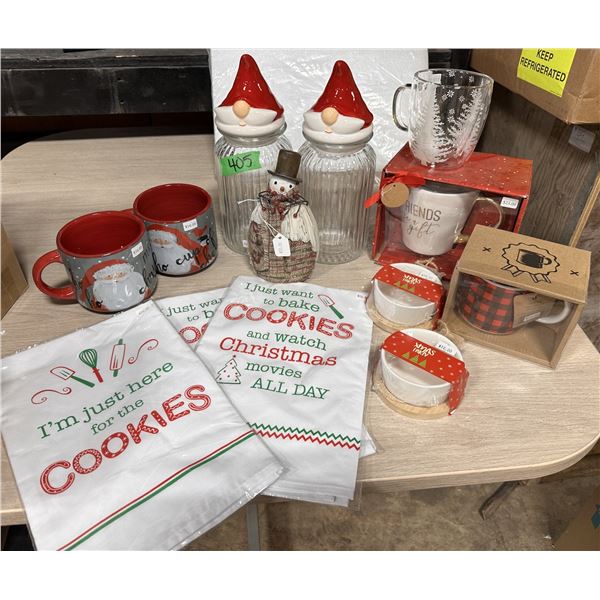 Lot of new Christmas dishes/ ornaments/aprons/wooden snowman