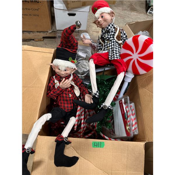 Large box of Christmas décor items - vintage elves, rope lights & candy lights