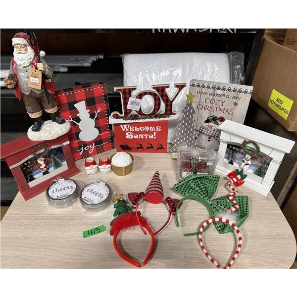 Lot of new Christmas dishes/ ornaments/signs & wooden santa