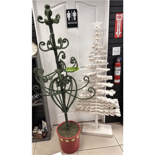 2 Decorative Christmas tree ornaments (whoville type tree & wooden tree on stand