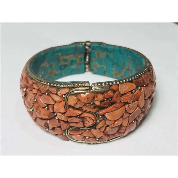 Natural Tibet Hand Made Coral & Turquoise Wide Bangle