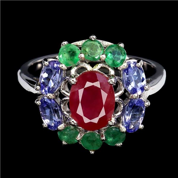 Natural Pigeon Blood Ruby Emerald Tanzanite Ring