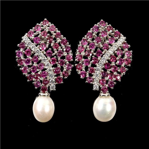 Natural Rhodolite Garnet & Pearl  Earrings