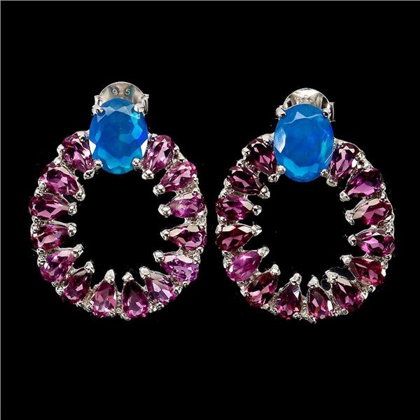 Natural Ethopian Blue Opal Rhodolite Garnet Earrings