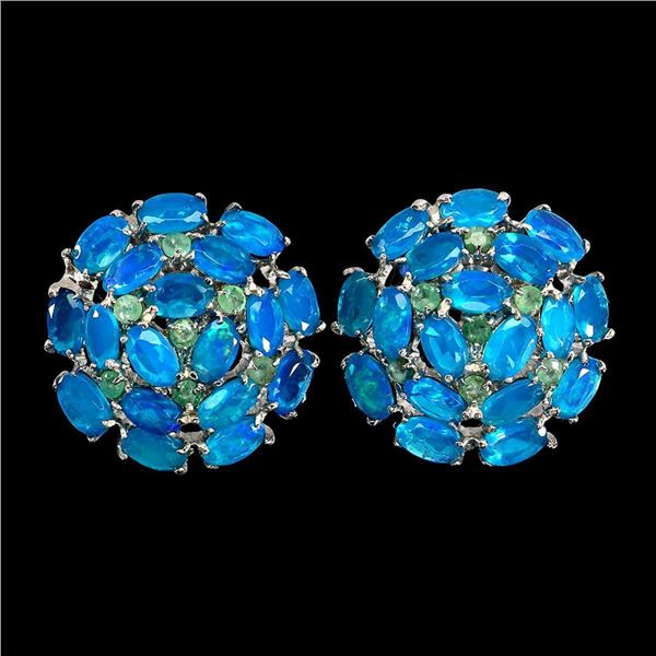 Natural Ethopian Blue Opal & Emerald Earrings