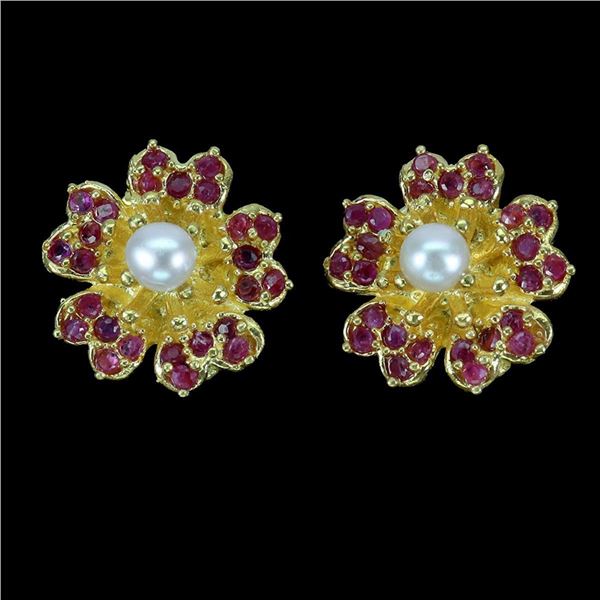 Natural Red  Ruby &  Pearl Earrings
