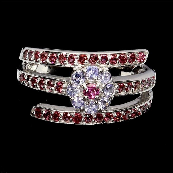 Natural Rhodolite Garnet Tanzanite Ring