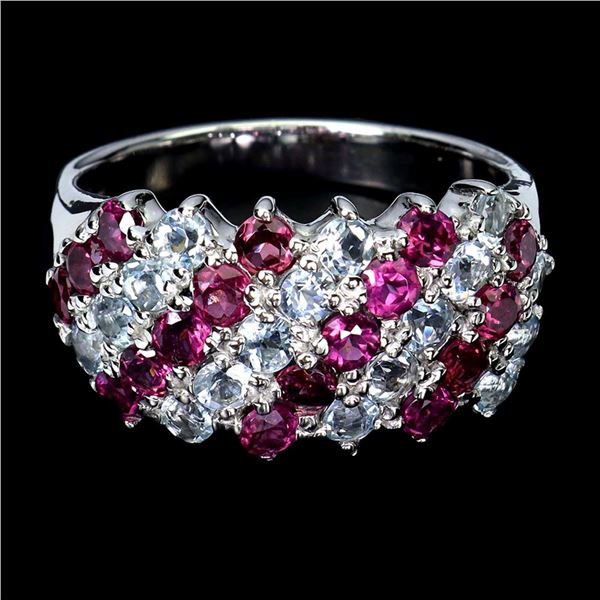 Natural Rhodolite Garnet  Aquamarine Ring
