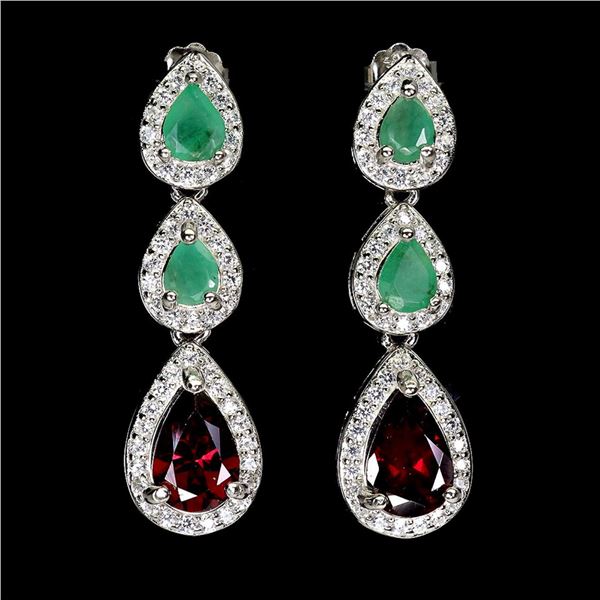 Natural Rhodolite Garnet & Emerald Earrings