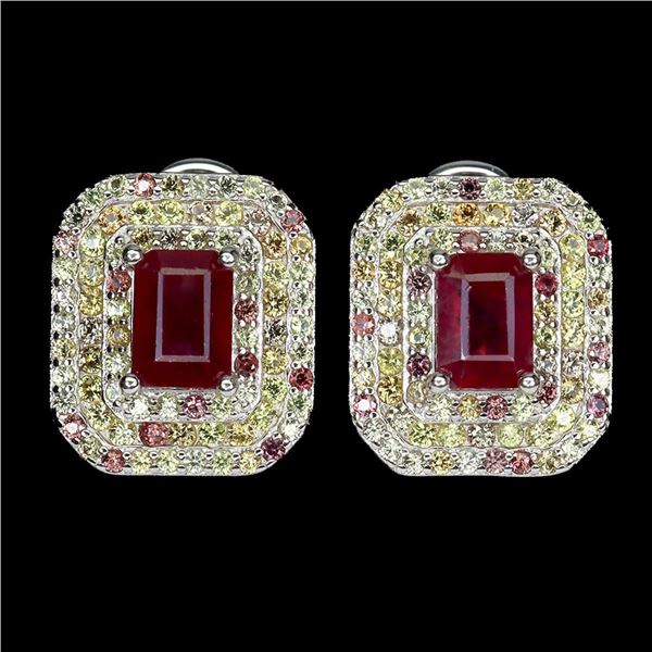 Natural Pigeon Blood Red Ruby & Sapphire Earrings