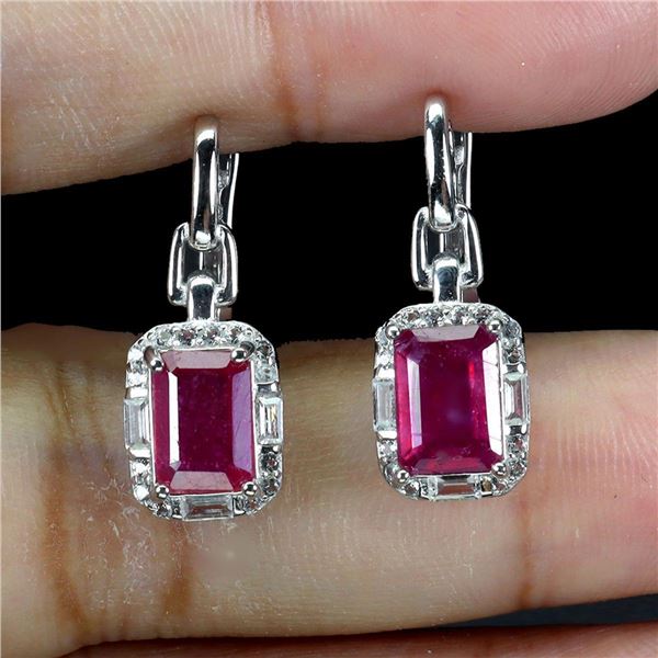 Natural Octagon Red Ruby & Topaz Earrings