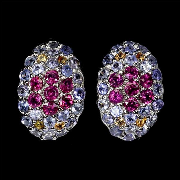 Natural Rhodolite Garnet Sapphire Tanzanite Earrings