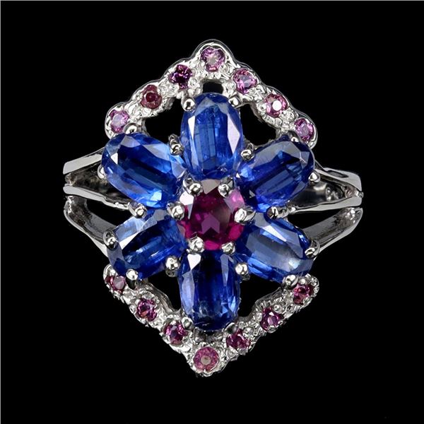 Natural Cornflower Blue Kyanite Rhodolite Garnet Ring