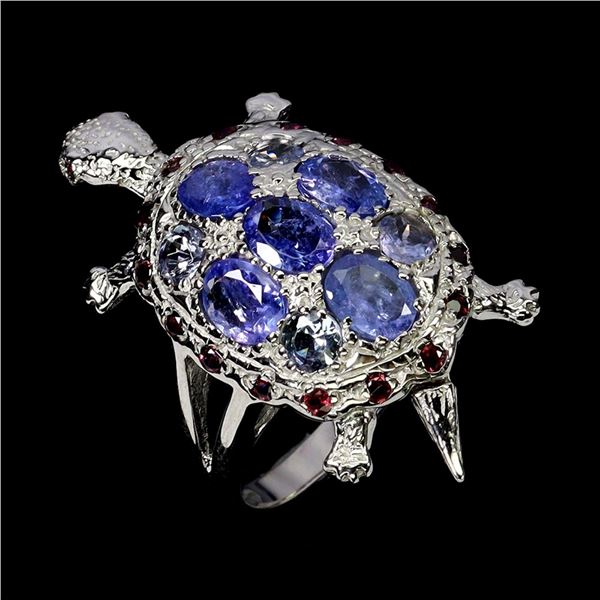 Natural  Oval Tanzanite & Rhodolite Ring