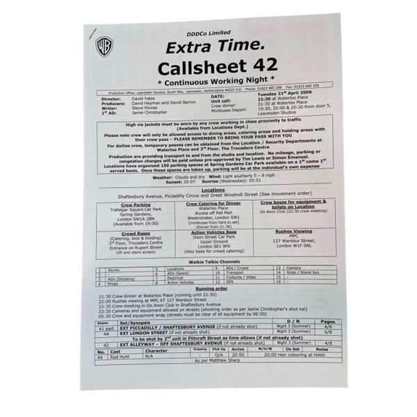 Harry Potter and the Deathly Hallows: Part 1 (2010) - Original Call Sheet