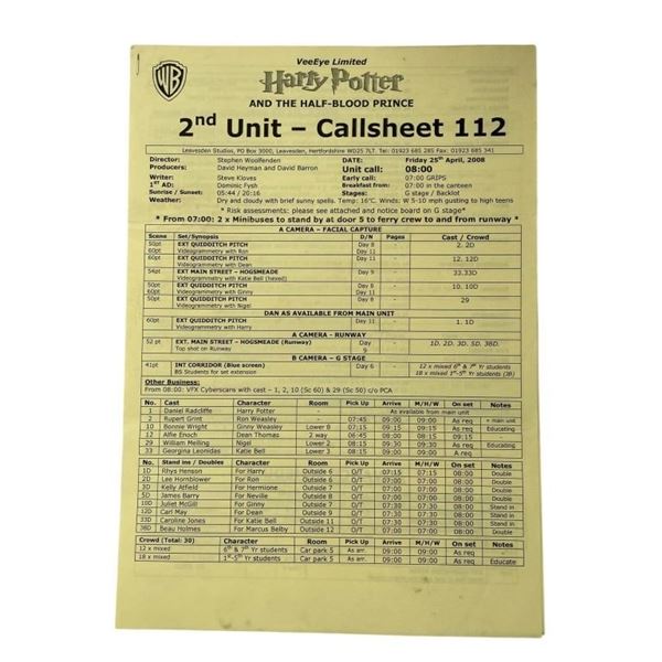 Harry Potter and the Half-Blood Prince (2009) - Original Call Sheet 2nd Unit