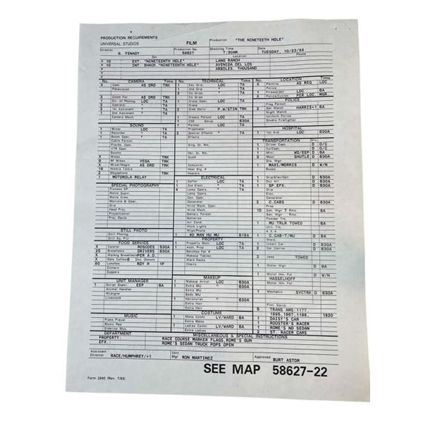 Knight Rider (1982 1986) - The Nineteenth Hole 1984 Call Sheet - David Hasselhof