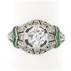 Image 1 : Antique Art Deco Plat GIA European Diamond & Emerald Mil grain Etched Domed Ring