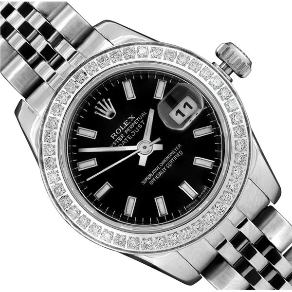 Rolex Quickset Ladies Stainless Steel Black Diamond Bezel Hidden Clasp Jubilee D