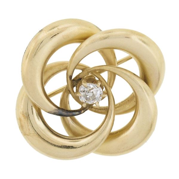 Antique Victorian 14k Yellow Gold Infinity Love Knot Brooch w/ Old Cut Diamond