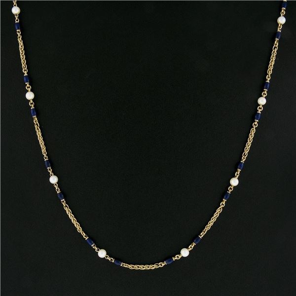 Vintage 18k Gold 4.8mm Pearl & Blue Enamel Bead on Textured Wheat Chain Necklace