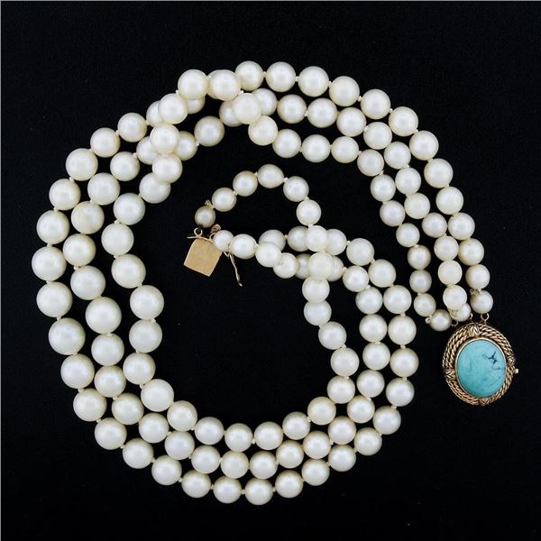 14.5" 3 Row Pearl Strand Necklace w/ 10k Gold Turquoise Twisted Wire Push Clasp