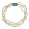 Image 6 : 14.5" 3 Row Pearl Strand Necklace w/ 10k Gold Turquoise Twisted Wire Push Clasp