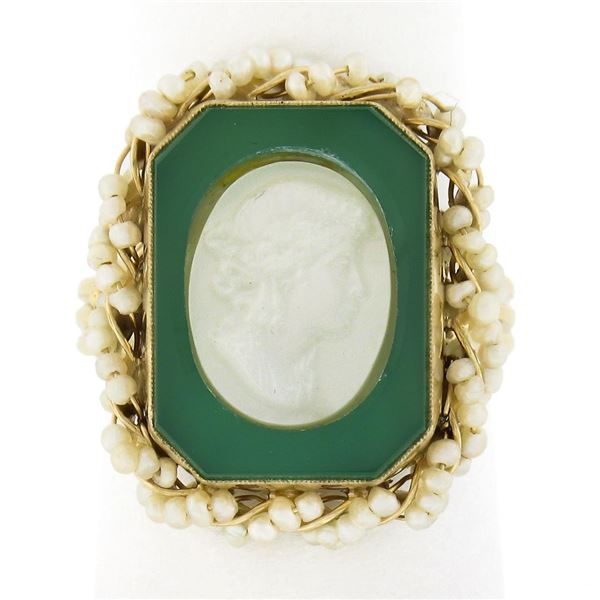 Vintage 14k Gold Carved Mother Of Pearl Cameo Chrysoprase Seed Pearl Frame Ring