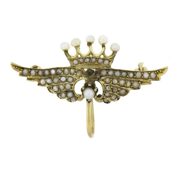 Antique Solid 14k Yellow Gold Seed Pearls Crown Wings Pin Brooch w/ Watch Hook