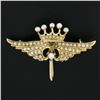 Image 2 : Antique Solid 14k Yellow Gold Seed Pearls Crown Wings Pin Brooch w/ Watch Hook