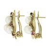 Image 4 : Vintage 14K Gold 6.5mm Cultured Pearl & Ruby Florentine Finish Omega Earrings