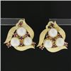 Image 5 : Vintage 14K Gold 6.5mm Cultured Pearl & Ruby Florentine Finish Omega Earrings