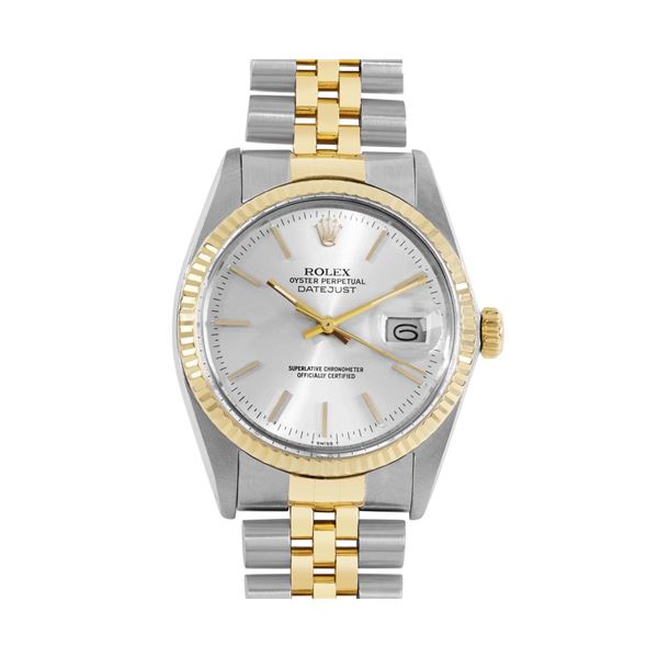 Rolex Mens Two Tone Silver Index Fluted Bezel Jubilee Band Datejust Wristwatch