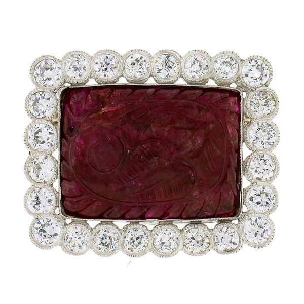 Vintage Platinum Floral Carved Ruby 2.88 ctw Old European Diamond Halo Pin Brooc