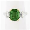 Image 2 : NEW Platinum & 14k Gold 4.39 ctw GIA Cushion Tsavorite & Emerald Cut Diamond Rin