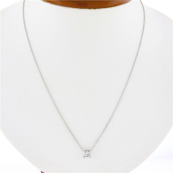 NEW 14k White Gold 0.48 ctw Princess Cut Prong Diamond Solitaire Pendant Necklac