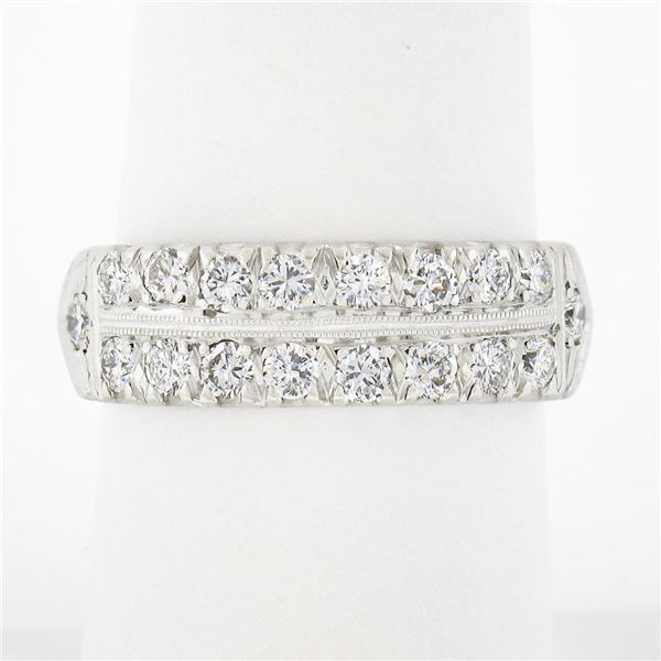Vintage Platinum 1.0 ctw Dual Row Fishtail Pave Diamond Stack Wedding Band Ring