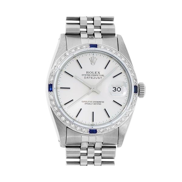 Rolex Mens Stainless Steel Silver Index 18K White Gold Diamond & Sapphire Bezel