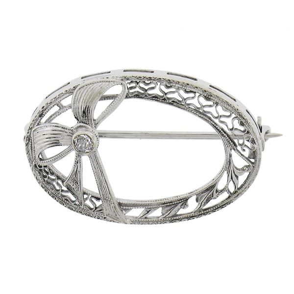 Antique Art Deco 14k White Gold Diamond Filigree Oval Wreath w/ Bow Brooch Pin