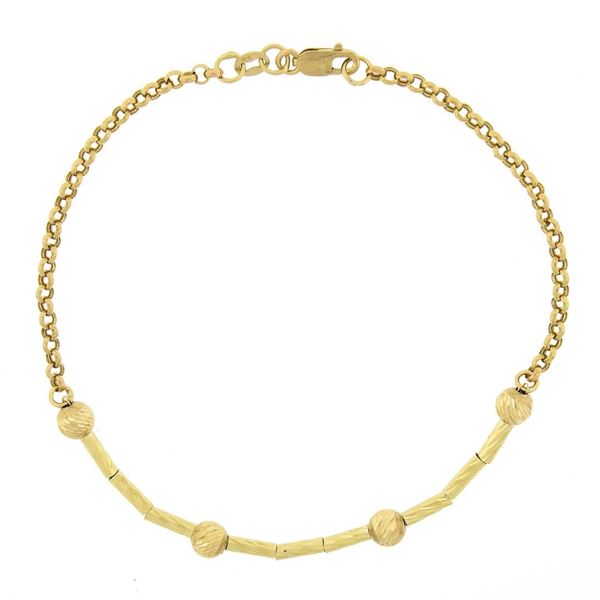 NEW 14k Gold 7.75" Etched Cylinder & Bead Slide Charm Rolo Link Chain Bracelet