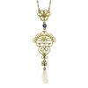 Image 6 : Art Nouveau Krementz 14K Gold Sapphire, Pearl & Enamel Lavalier Pendant & Chain