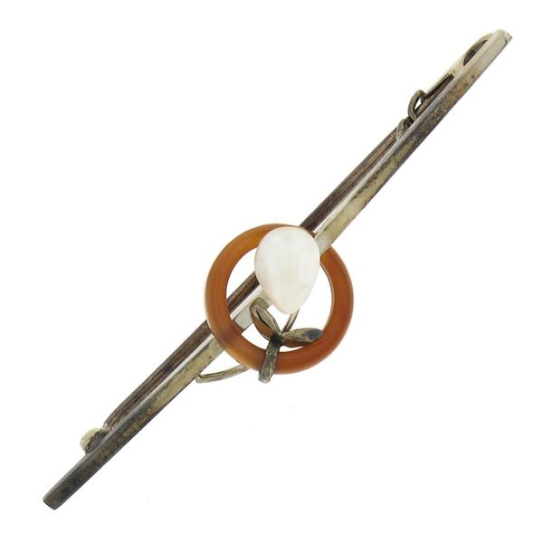 Antique Victorian 9K Gold Round Ring Carnelian w/ Pearl Flower Bar Pin Brooch