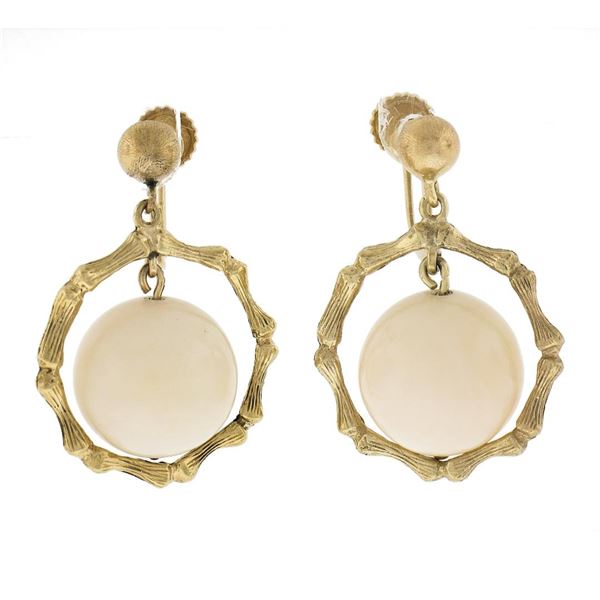 Vintage 14k Gold Pink Angel Skin Coral Textured Bamboo Drop Screw Back Earrings