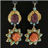 Image 4 : Vintage 18K Gold Carved Flower Coral & Ruby w/ Turquoise Drop Dangle Earrings