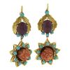 Image 5 : Vintage 18K Gold Carved Flower Coral & Ruby w/ Turquoise Drop Dangle Earrings