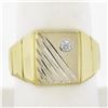 Image 9 : Men's 14k Yellow Gold Flush Set Cubic Zircon Rectangular Ribbed Line Signet Ring